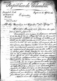 Circular del Ministerio de Estado en el Despacho de la Secretaría de Hacienda al Intendente del Departamento de Azuay comunicándole el Decreto extraordinario que suspende la disposición del art. 27 de la ley de 22 de mayo de 1826 sobre la libre circulación de fincas raíces urbanas y rurales (Bogotá, 6 de agosto de 1828)