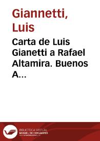 Carta de Luis Gianetti a Rafael Altamira. Buenos Aires, 31 de agosto de 1909