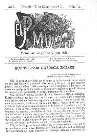 El Pare Mulet : semanari impolític y bóu solt. Añ I, núm. 3 (Disapte 13 de Chiner de 1877)  [sic]