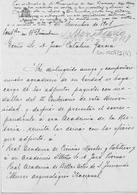 Carta del Rector de la Universidad de Oviedo al académico Juan Catalina García solicitando que de las medallas adjuntas entregue una a la Real Academia de la Historia y a demás instituciones que señala. En nota del académico García señala que recibió todo por conducto de Francisco de las Barras de Aragón.