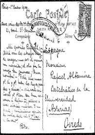 Tarjeta  postal de Pedro a Rafael Altamira. París, 1 de enero de 1909