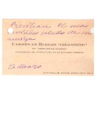 Tarjeta de visita de Carmen de Burgos. 12 de marzo de 1920